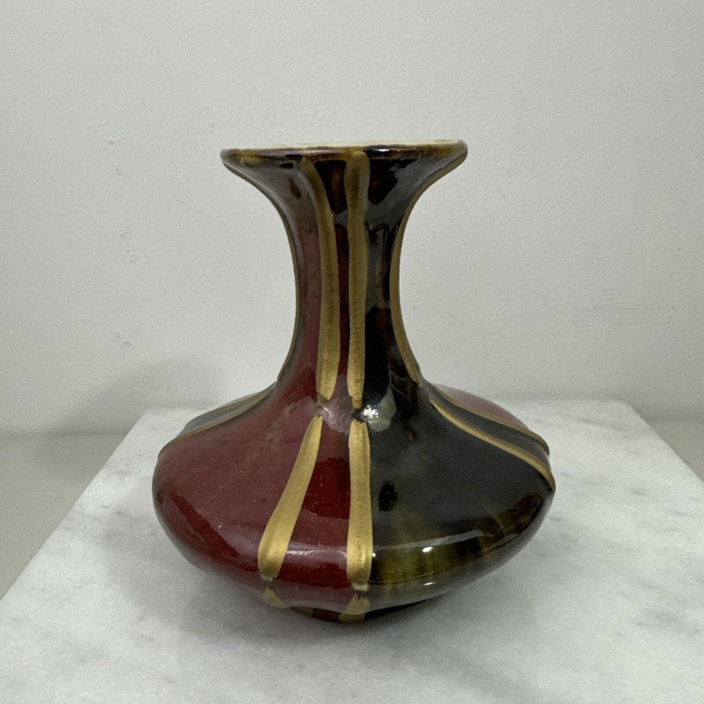 Vtg Red Brown Green Drip Glaze Mid Century Vase, Handpainted gold accents 6.5"